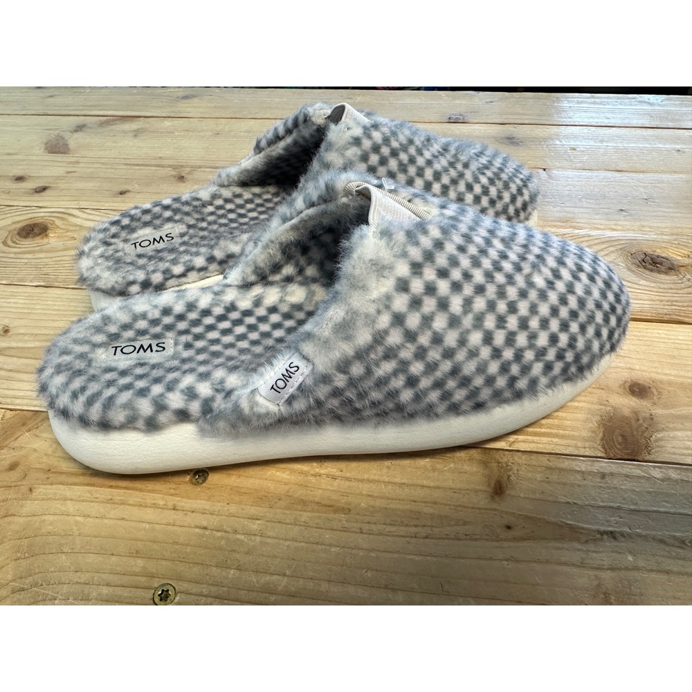 TOMS Ezra Grey White Checkered Faux Fur Slip On Slipper Mules Womens